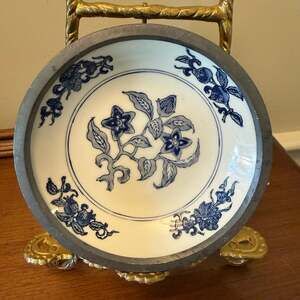Vintage Japanese Porcelain Plate with Pewter Rim Blue and White Floral Motif